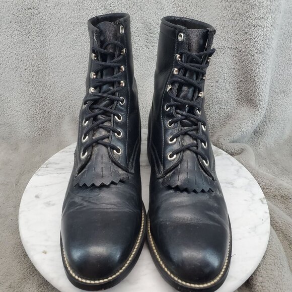 Justin Boots Shoes Youth Unisex Size 6 Black Leather Roper Lace Up Boots - Picture 3 of 11